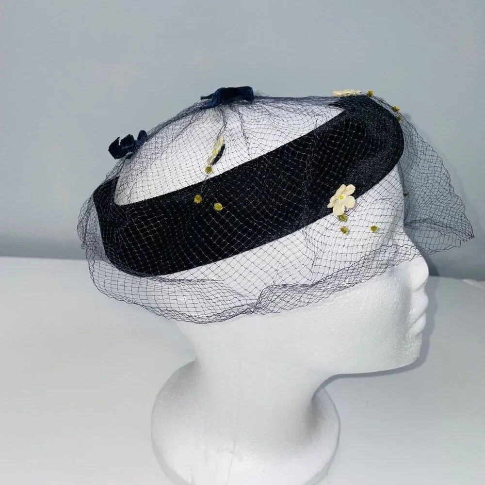 Vintage Crown Hat Black Velour Net Head Band Church Wedding Costume Theatre